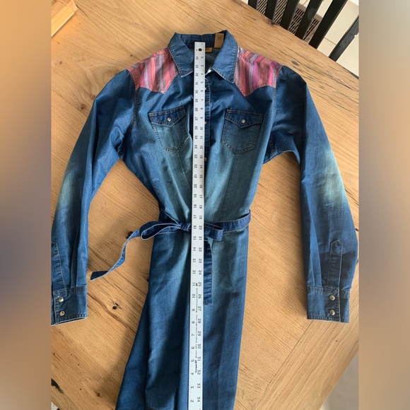 Wrangler Women’s Rodeo Denim Medium Western Cowgirl Belted Dress Blue Preowned - Picture 5 of 11